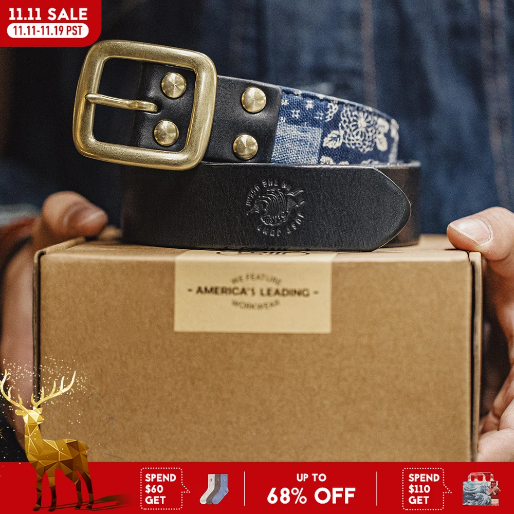 

Maden Vintage Patchwork Printed Vegetable Tanned Belt Boro Style First Layer Cowhide Pin Buckle Belt for Men's Daily