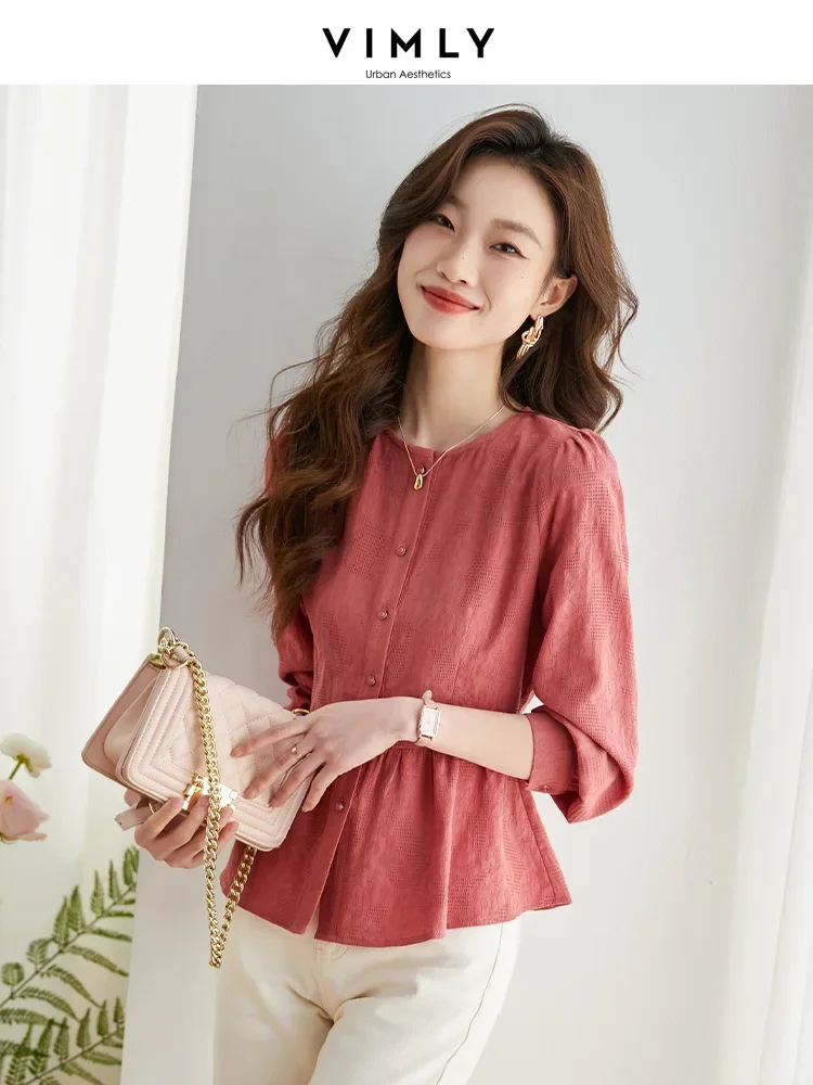 Vimly French Elegant Ruffle Peplum Shirts Women 2023 Autumn Fashion Casual Cotton Solid Long Sleeve Tops Womens Shirts & Blouses