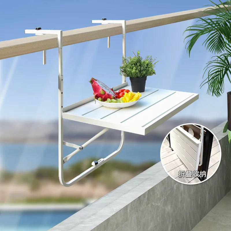 Balcony Rail Hanging Table Foldable Iron Portable No-Drill Adjustable Height Shelf for Outdoor Camping Home