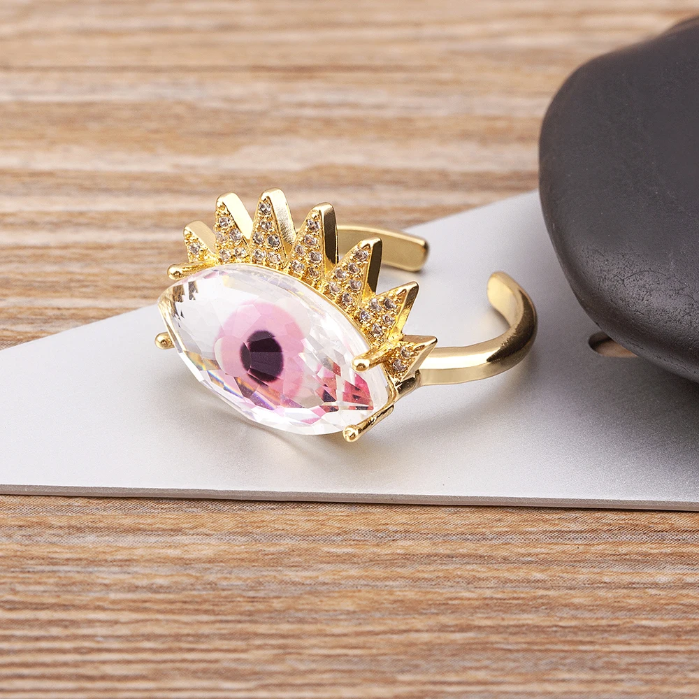 Nidin Trendy Bohemian Lucky Colorful Evil Eye Transparent Rhinestone Opening Adjustable Ring Womem Elegant Jewelry Fine Gift