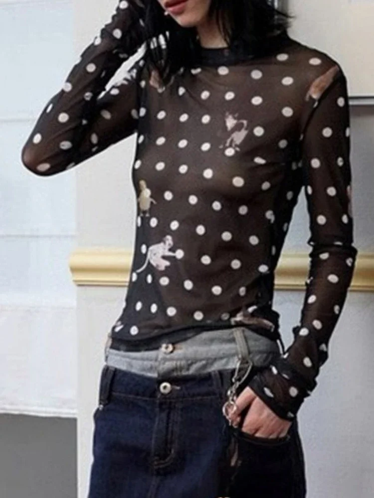 

Y2K Polka Dot Print See-Through T-Shirt, Vintage Harajuku Streetwear, Slim Fit Fairy Grunge Tee for Autumn