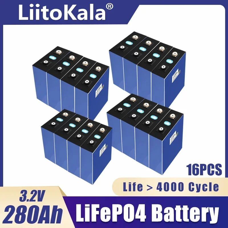 16 PCS LiitoKala 3.2V 280Ah LiFePO4 Rechargeable Battery for DIY 12V 24V 36V 48V Electric Car RV Solar Storage System