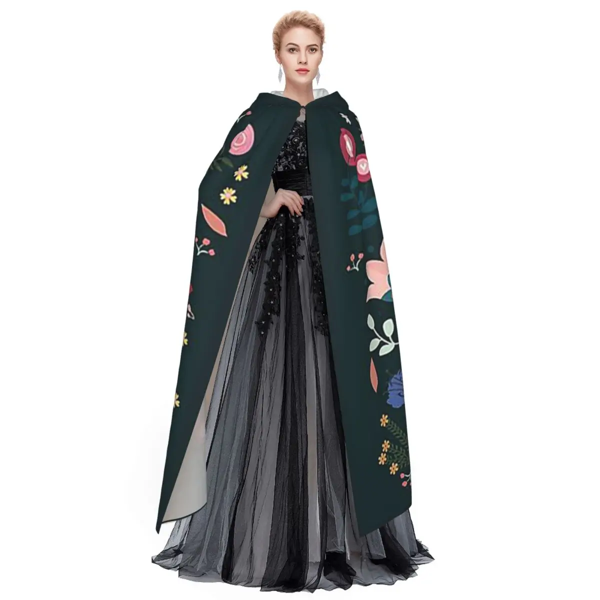 Kolibrie met een bloemenbloem Lange capuchonmantel Heks Middeleeuws kostuum Cosplay Cape HalloweenVampier Volwassen Unisex