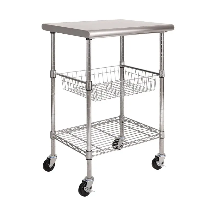 Commercial Work Table Island Utility Cart Prep Station, for Restaurant, Kitchen, Warehouse, Garage, Hotel, Home, StainlessSteel