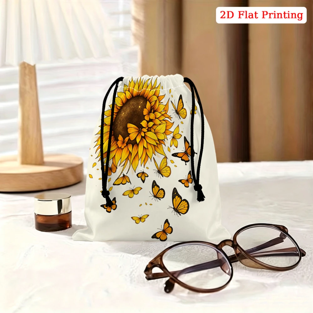 1Pc Sunflower Butterfly Print White Drawstring Bag Storage Small Pouch For Travel Cosmetics Jewelry Organizer Portable Gift