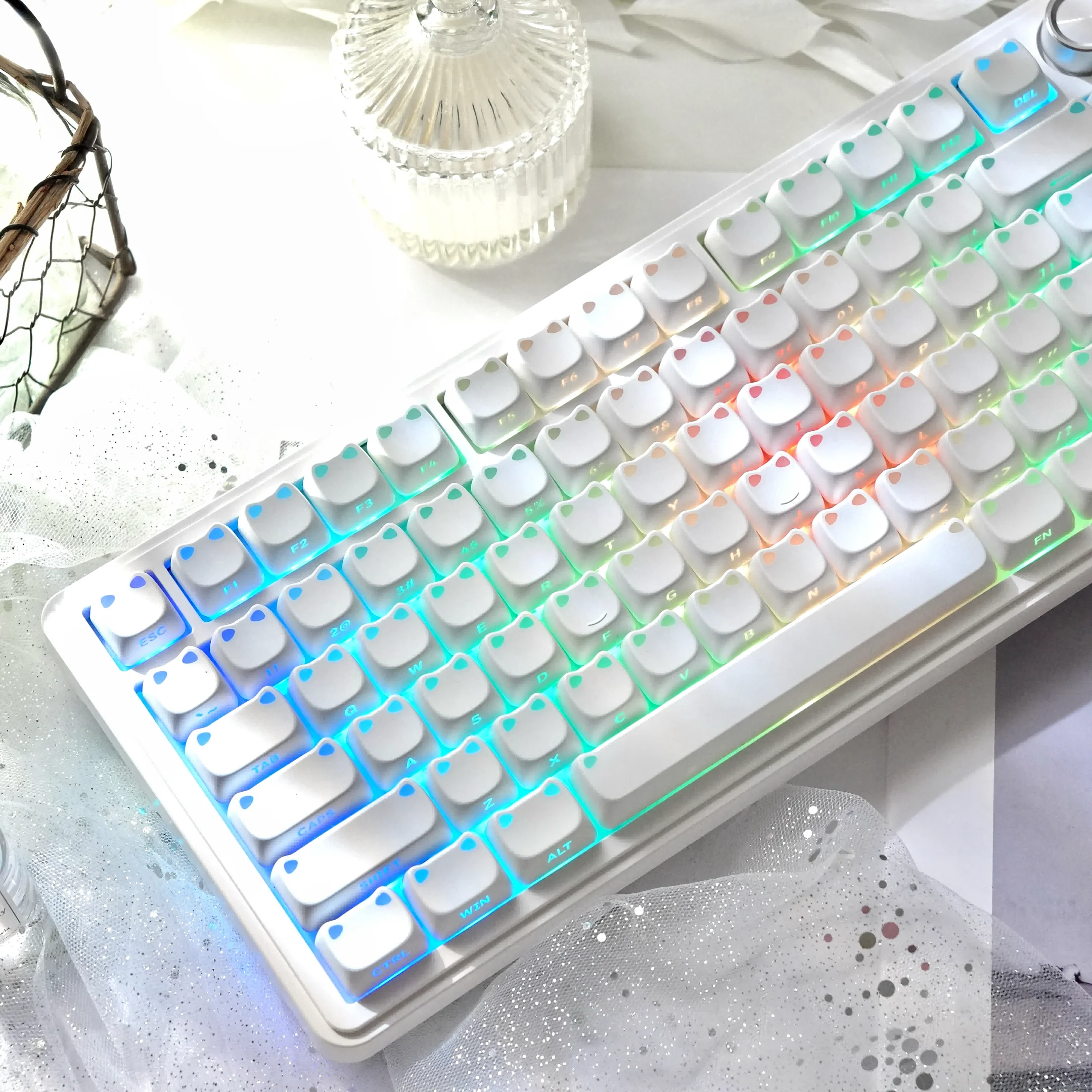 White Cute Cat Ear MAO Profile PBT Keycaps Double Shot Side Printed RGB Backlit Keycap for Cherry MX Switches Gaming Keyboard