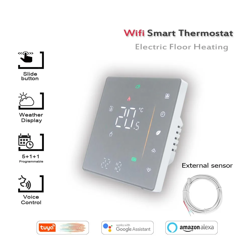 Pengontrol Suhu Termostat Cerdas Wifi 16A Pemanas Lantai Elektrik Bekerja dengan Alexa Google Home