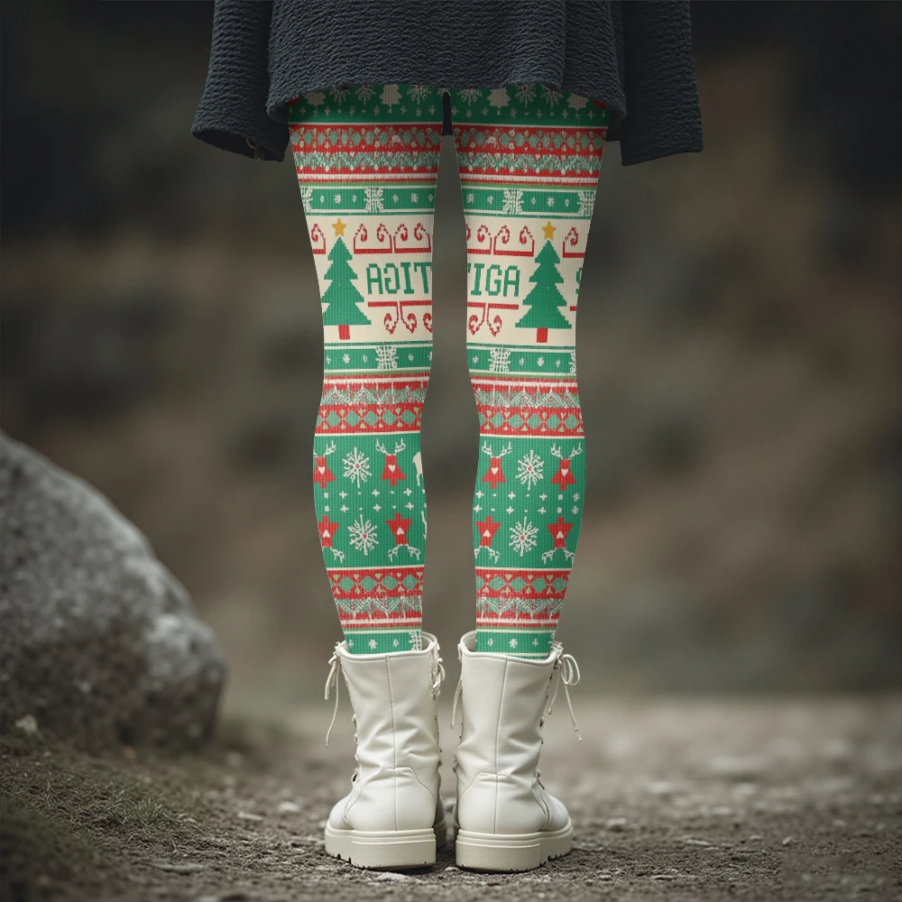Christmas Vintage Punk Leggings Warm Winter Thermal Stretch Pants with Deer Snowflake Women's Funny Print Tights Plus Size