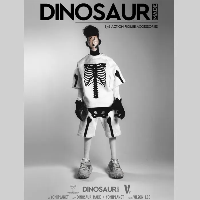 Dinosaur 1/6 Scale Collection Trend Doll White Skull T-Shirt Pants Set Clothes Model Toy fit 12