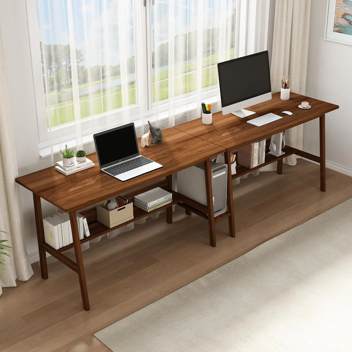 Escritorio para 2 personas con estantería: mesa de trabajo extra larga de madera para oficina en casa de 110", estación de trabajo para computadora de estudio doble con