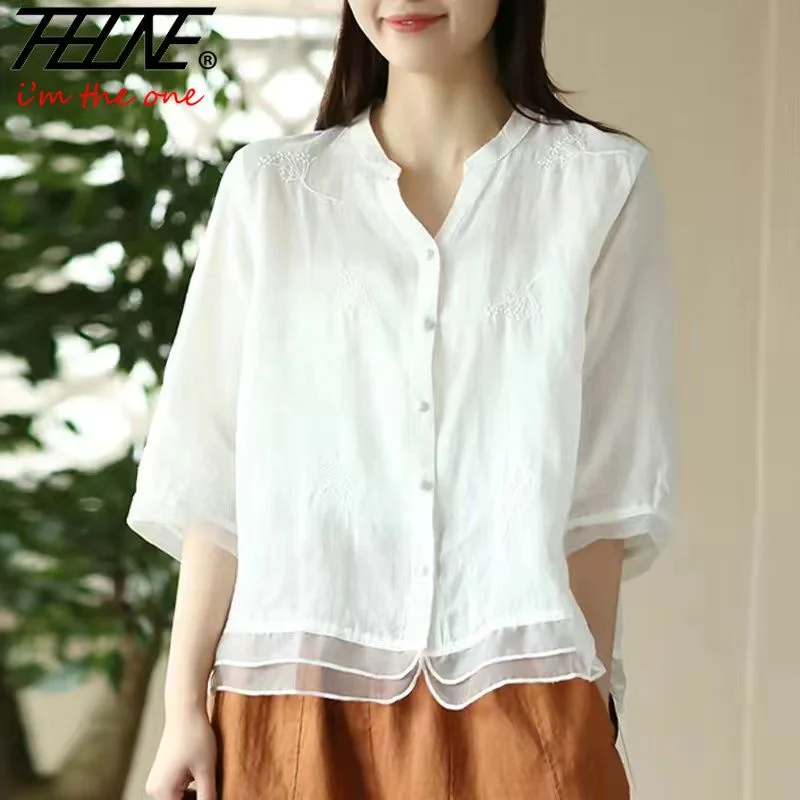 Summer Women\'s Clothing Shirts Blouse Blusa Mujer Casual Camisas Vintage Cotton Linen Button Solid Embroidery Chinese