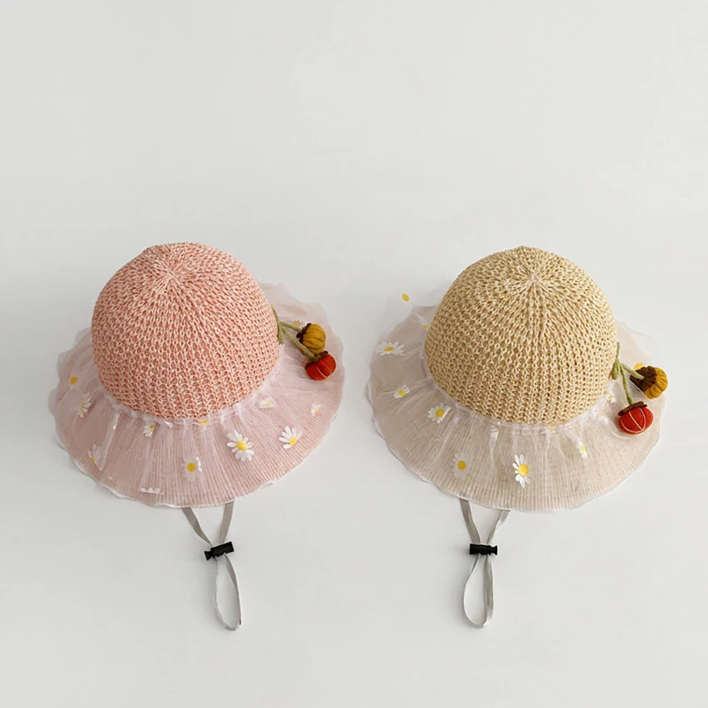

2026 Summer Girls Straw Hat 2-4T Sweet Daisy Pumpkin Kids Sun Hat Lace Mesh Children Fisherman Hat Girls Cap