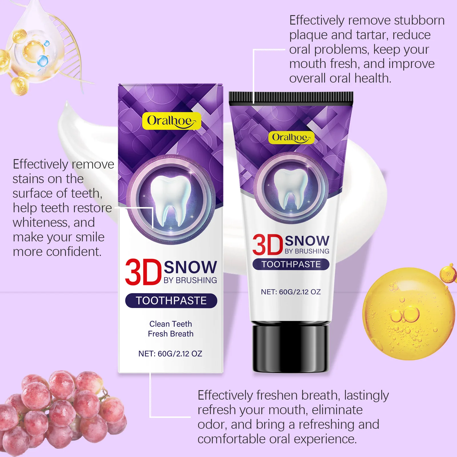 Grape Teeth Whitening Toothpaste Reduce Yellowing Remove Plaque Stains Clean Freshing Breath Travel Tooth Brightening Toothpaste