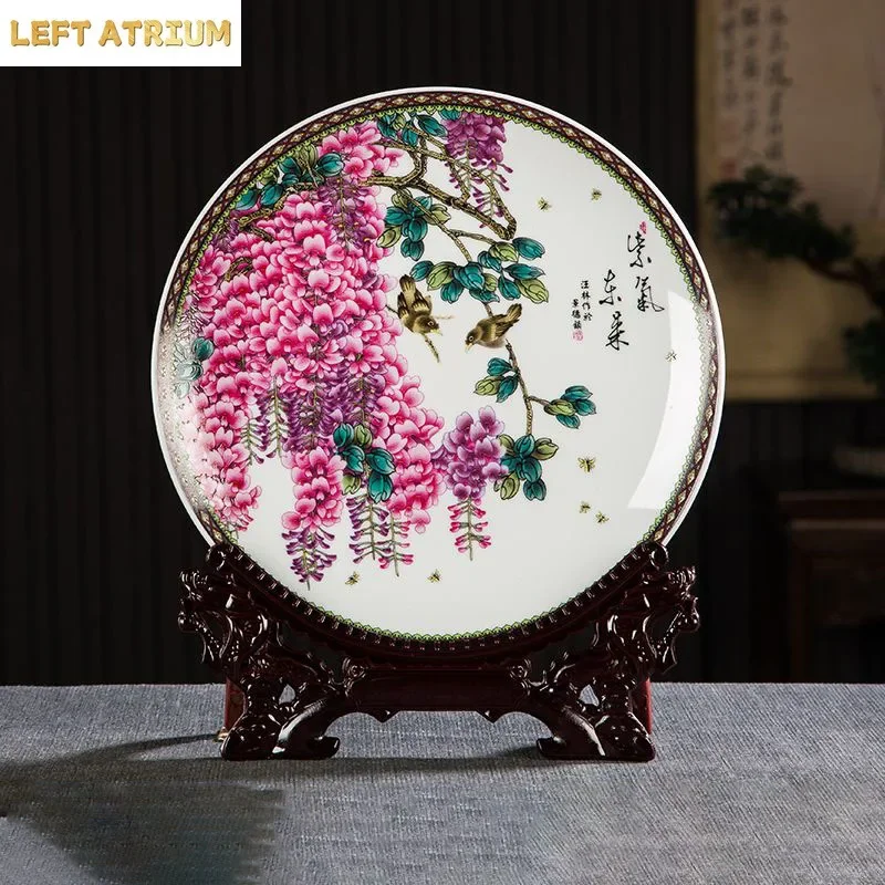Chinese Jingdezhen Ceramic Plate+Base Set Ornaments Home Living Room Furnishing Accessories Items Office Desk Decoration Crafts