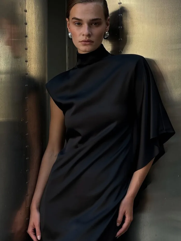 Articat エレガントな半袖サテンボディコン不規則なパーティークラブイブニングドレスの女性のファッションスリムラウンドネック無地ロングドレス