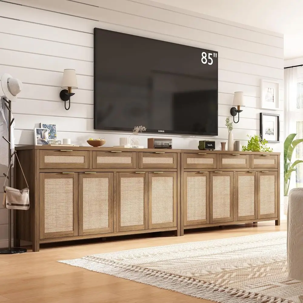 

Буфет в богемном стиле из ротанга с местом для хранения, тумба-бар из дуба Century для прихожей или гостиной