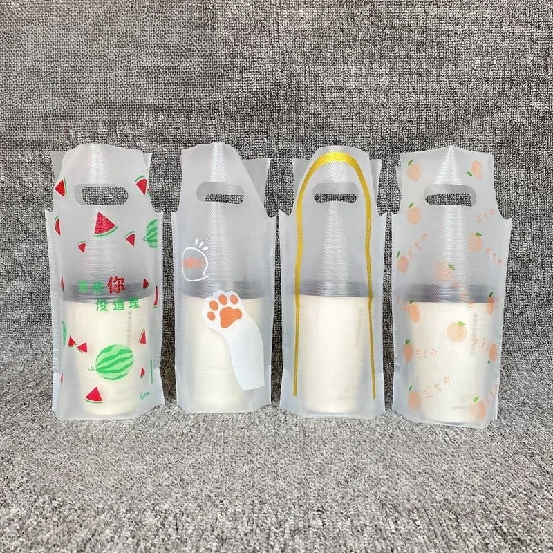 

Cartoon Printed Milk Tea Handbag Disposable Transparent Plastic Beverage Bag Single Cup Double Cup Takeout Juice Package Pocket