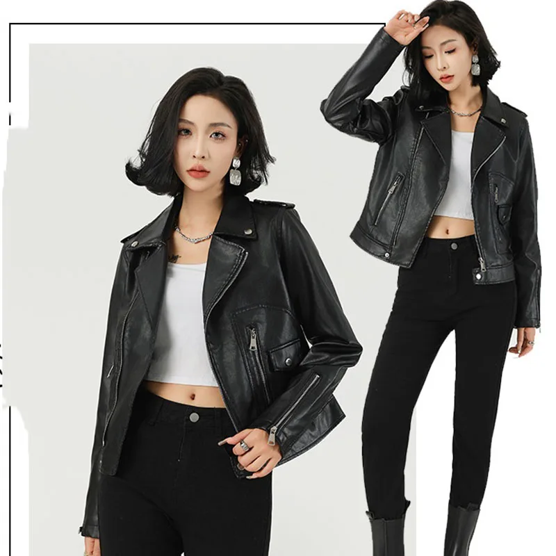 سترة جلدية نسائية 2025 موضة جديدة سوداء قصيرة للدراجات النارية بولي Leather سترة جلدية طية صدر السترة معطف جلد معطف ربيع الخريف الإناث
