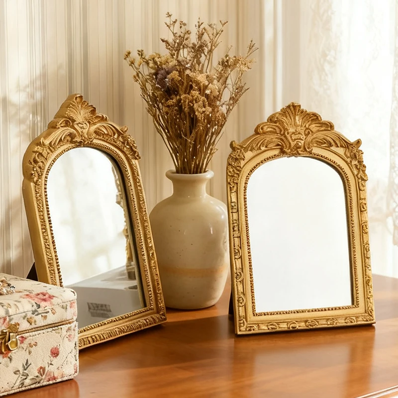 Vintage Arched Carved Makeup Mirror, Luxurious Desktop Vanity Mirror For Home Bedroom Decor, Elegant Tabletop Mirror
