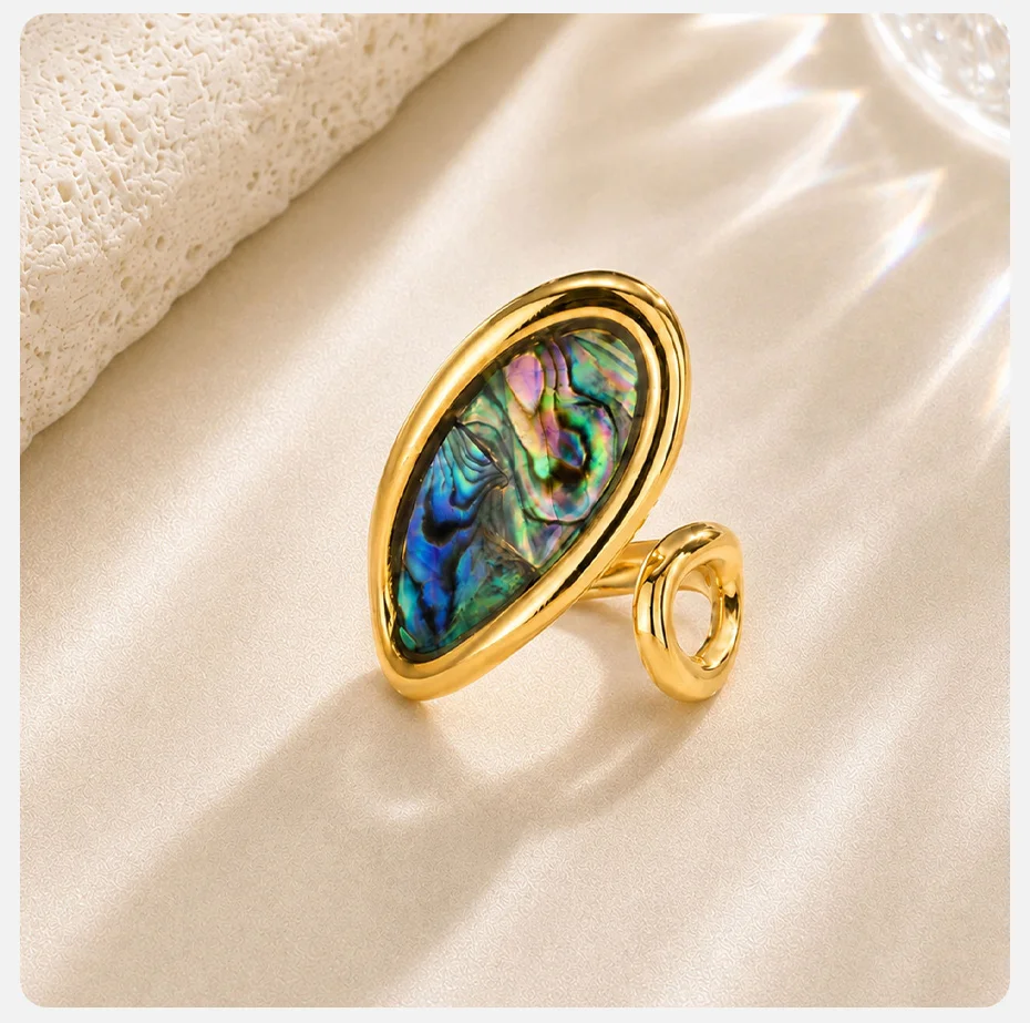 Vnox Mehrstiliger Unregelmäßiger Geometrischer Abalone-Muschel Offener Ring für Frauen, Goldfarben, Edelstahl, Boho-Strandschmuck – Detail 6