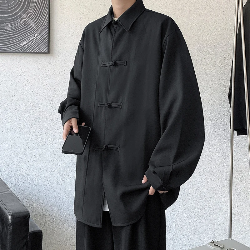 

New Chinese Sle Men's Bla Long Sve Button up irt Tang Suit Hanfu Coat Casual Winter Faion Polyester Fiber Clothing