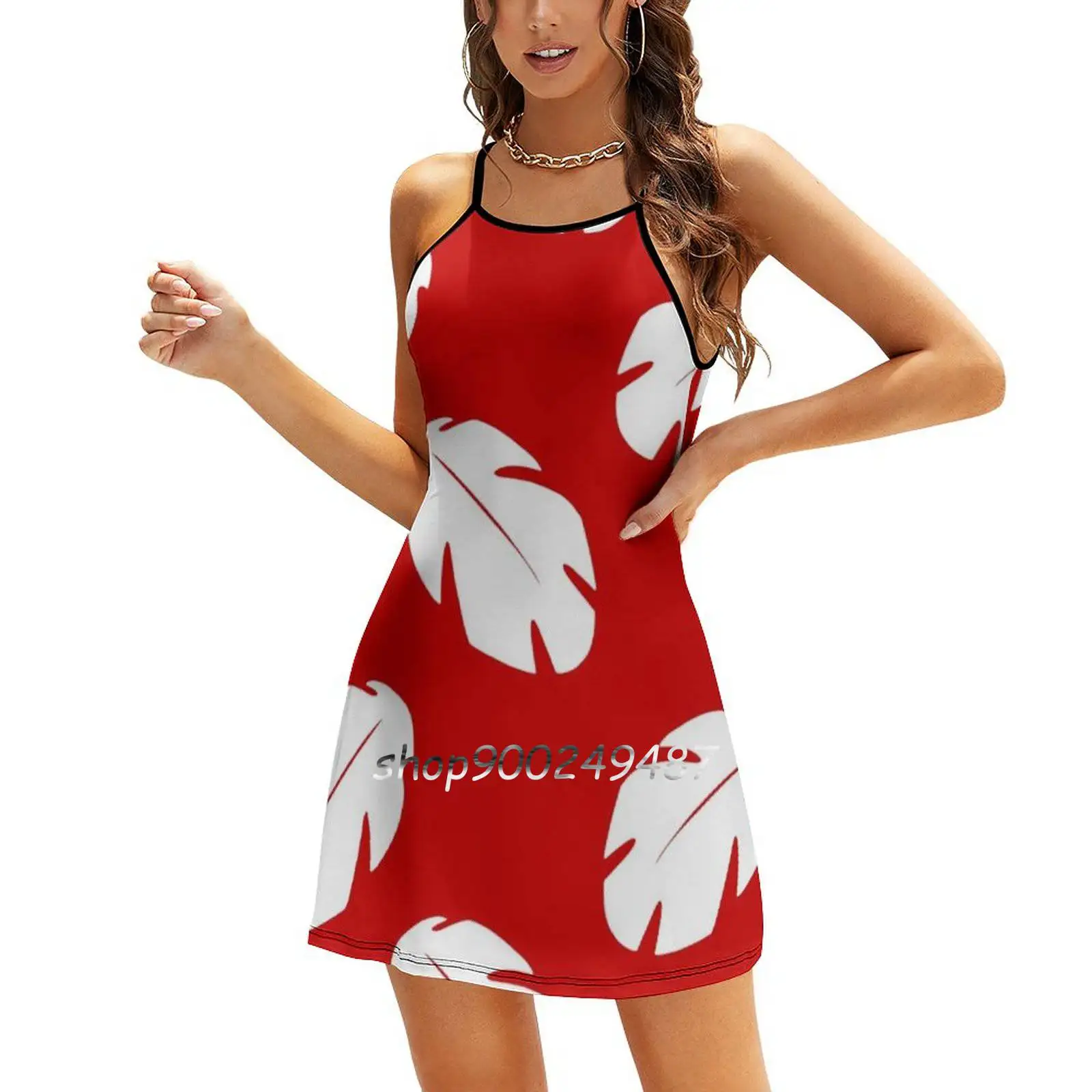Liloesque Evening Party Dresses Midi Sexy Dress Female Sweet One Piece Dress Korean Lilo Lilo And Hawaii Leaf Red Halloween