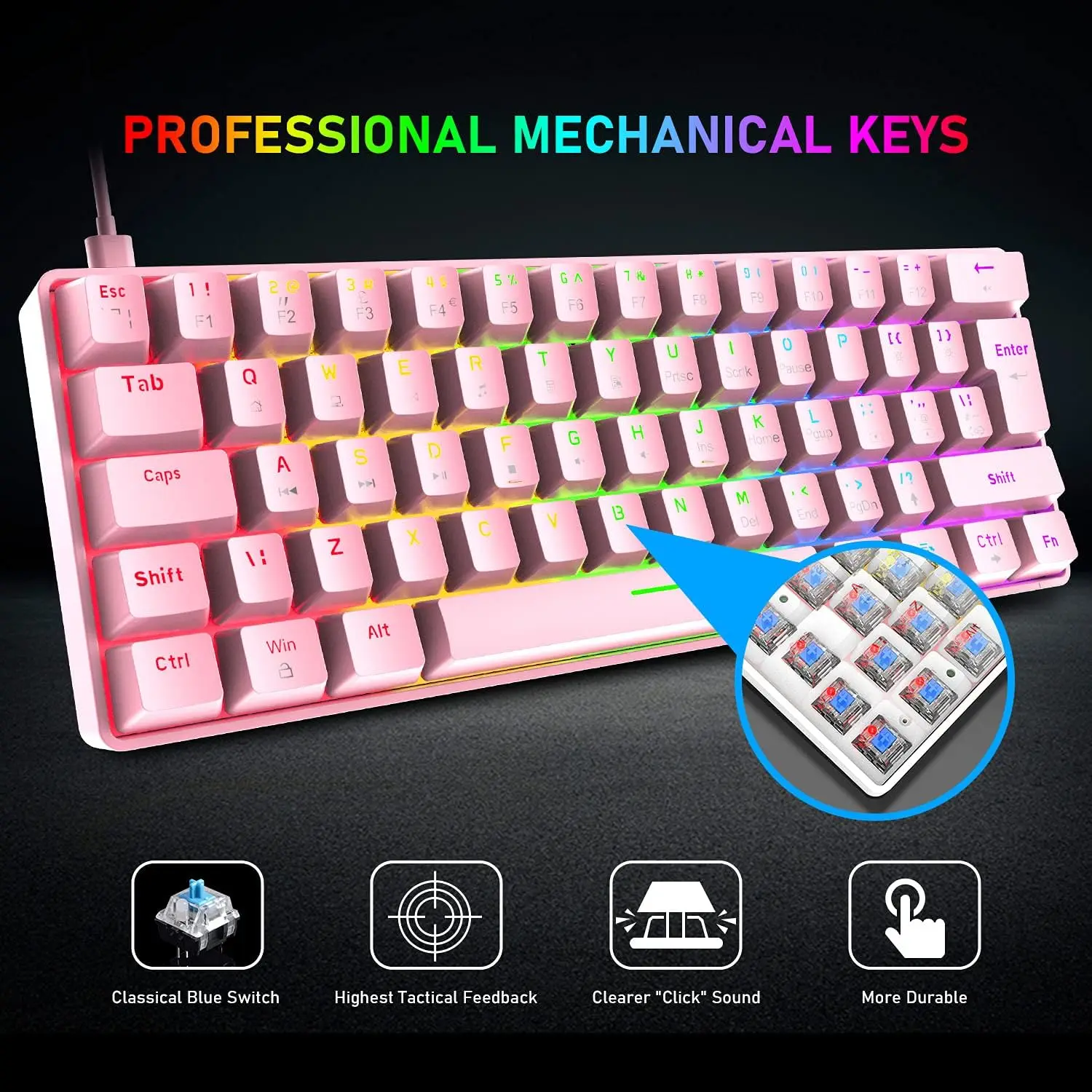 T60 Wired Mechanical Gaming Keyboard&Mouse set Rainbow Backlit 62-Keys Mini