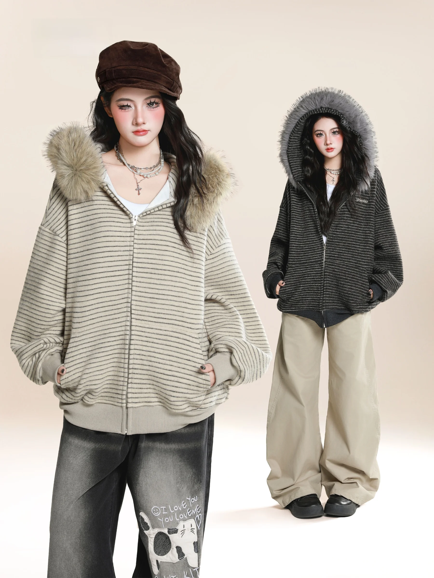 

Женская толстовка HM в американском ретро-стиле с полосками, капюшоном и меховым воротником, свободная повседневная куртка на молнии для пар, модная уличная одежда