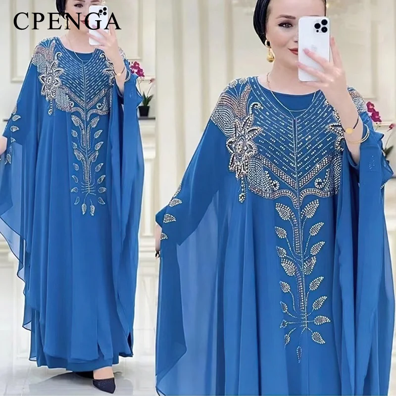 Muslim Bead Abaya for Women Chiffon Kimono Abayas and Long Sleeve Innder Dress 2 Piece Set Elegant African Clothes Boubou Robe