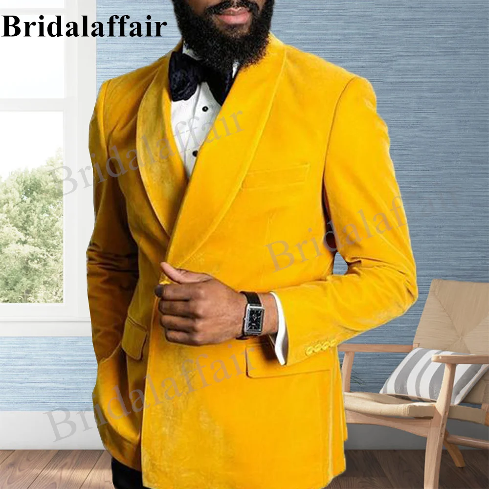 

Bridalaffair 2 Pieces Yellow Velvet Suit Shawl Lapel For Men Single Breasted Slim Fit Groom Tuxedo Formal Men's Wedding Costume