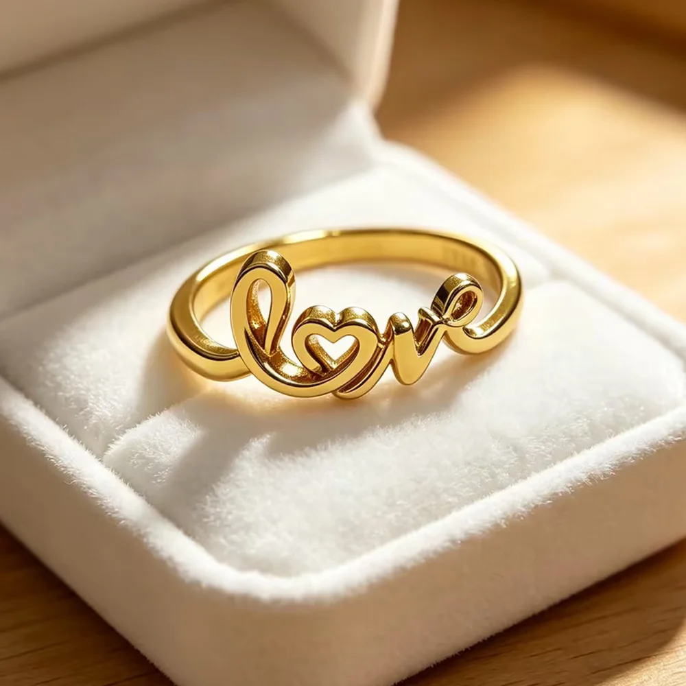 Bague en or rose plaqué or avec inscription « Love », délicate, avec détail cœur en écriture cursive, hypoallergénique pour peaux sensibles, tendance, bague de promesse, cadeau