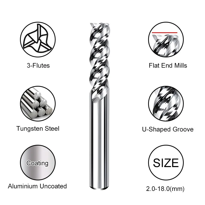 AZZKOR HRC60 3-Flutes U-Shaped Groove Aluminium Tungsten Steel Milling Cutter 1.0mm-18.0mm For CNC Machining Flat End Mill Tools