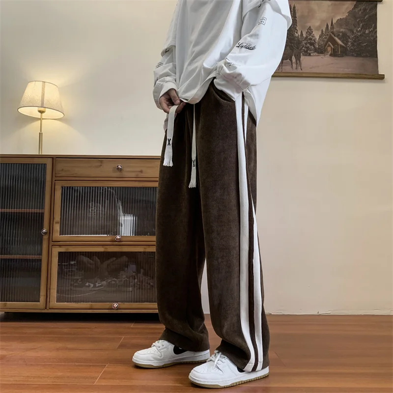 Loose Coffee Corduroy Pants Men Women Drawstring Striped Wide Leg Autumn Casual Easy Care Anti-wrinkle Mopping Trousers