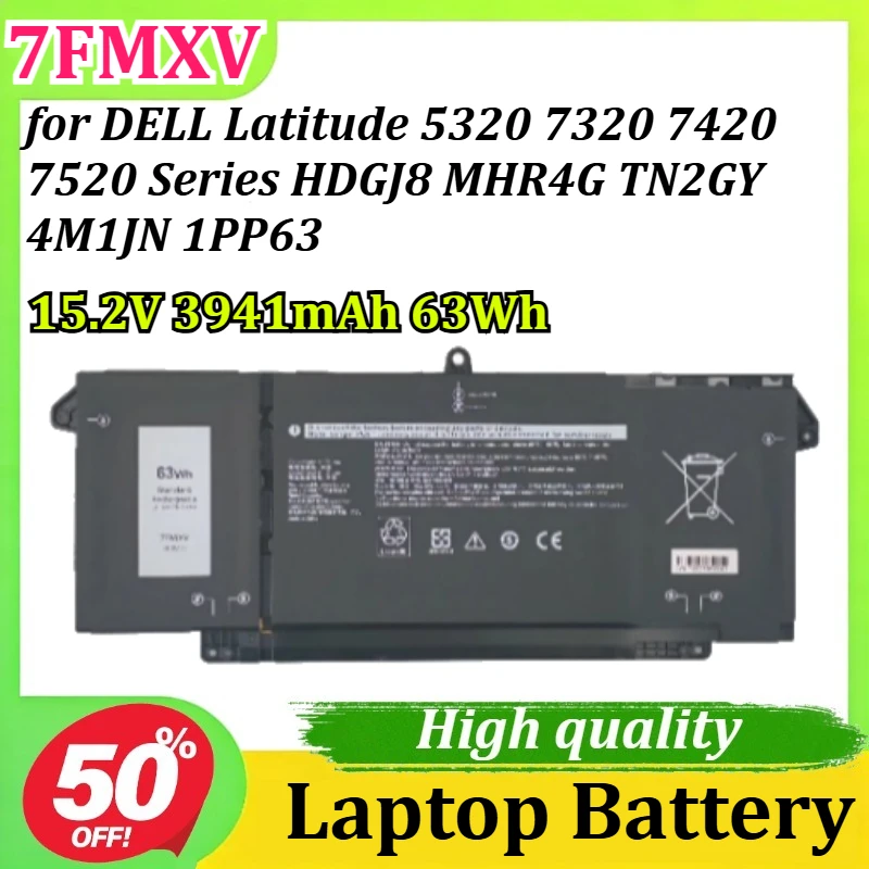 

7FMXV 15.2V 3941mAh 63Wh for DELL Latitude 5320 7320 7420 7520 Series HDGJ8 MHR4G TN2GY 4M1JN 1PP63 Laptop Battery