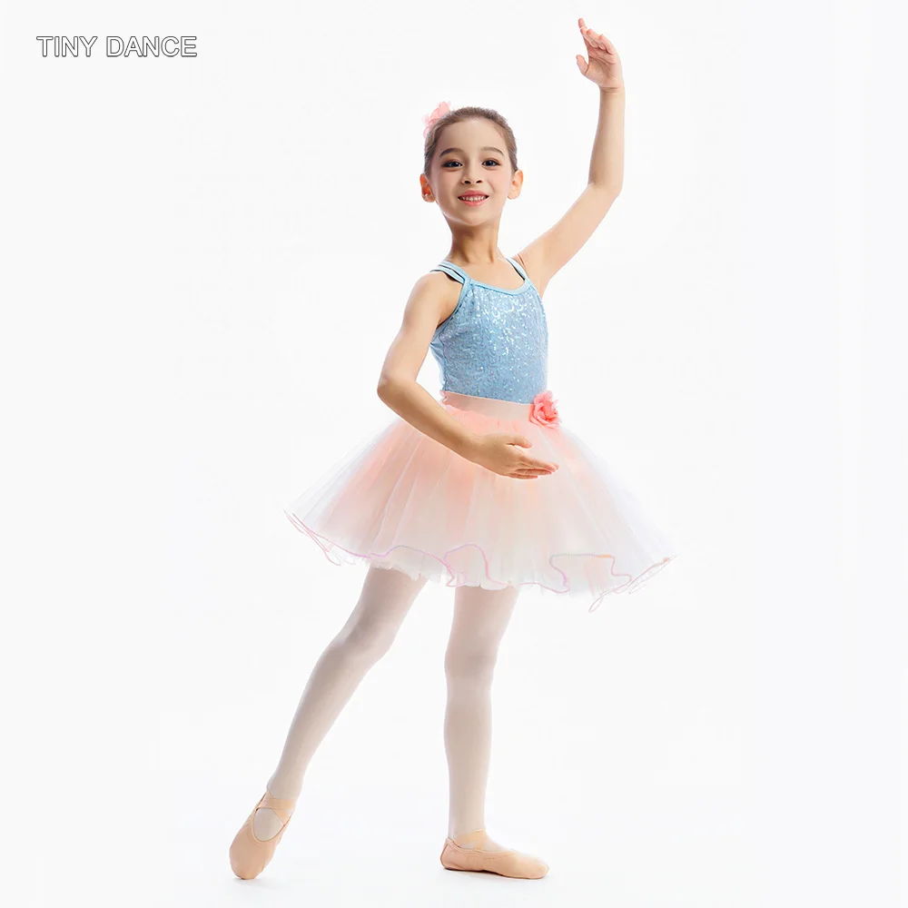 Traje de tutú de ballet para niños azul cielo con tirantes dobles vestido camisola corpiño de LICRA con lentejuelas y falda rosa para niñas 25020