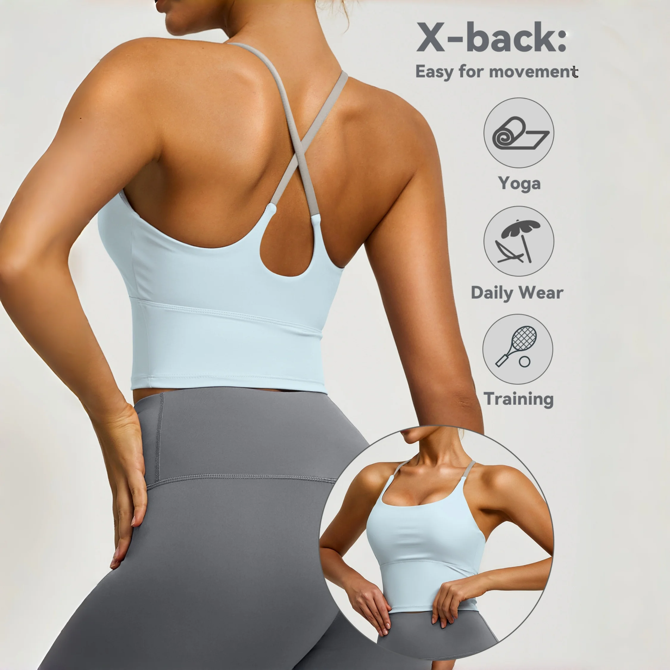 Women Longline Yoga Sports Bra Square Neck Thin Straps Nude Soft Padded Gym Workout Crop Tank Top