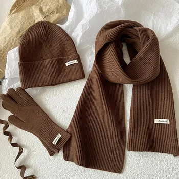 Knitted Winter Scarf Woman Solid Color Hat Scarf Gloves Wome...