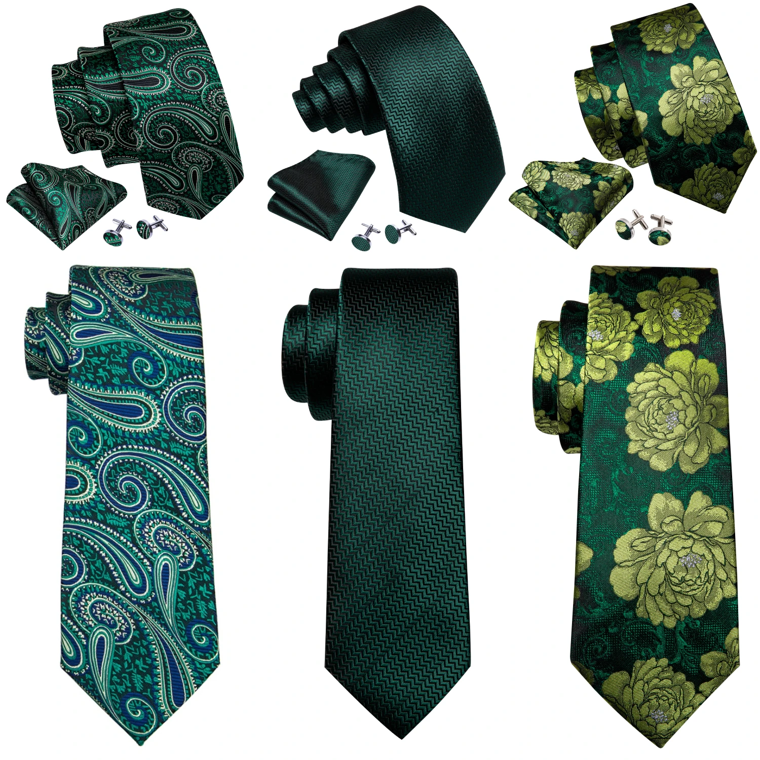 

Barry.Wang Jacquard Dark Green Men's Tie With Pocket Square Cufflinks Set Exquisiet Necktie For Male Wedding Business