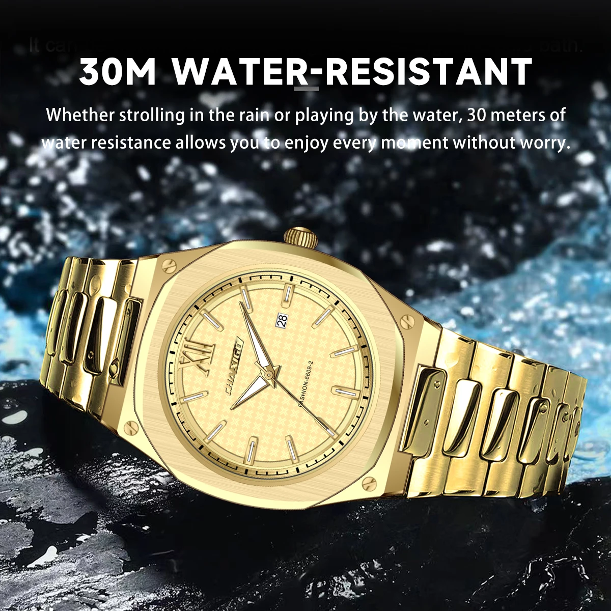 

CHAXIGO Men's Stainless Steel Bracelet Watch with Luminous Hands, Water Resistance, Date Display and Stylish Screw-Down Crown