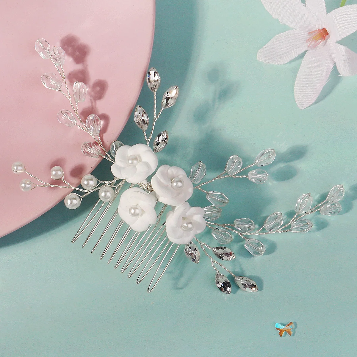 Elegante weiße Polymer Clay Blumen Damen Haarkämme Mode Kristall Perle Haarnadeln Braut Hochzeit Kopfschmuck Schmuck – Detail 5