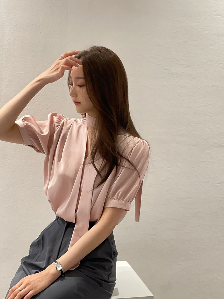 시크한 여성용 버블 슬리브 셔츠 리본 타이 우아한 분위기 한국 스타일 하이웨이스트 반팔 단색 탑