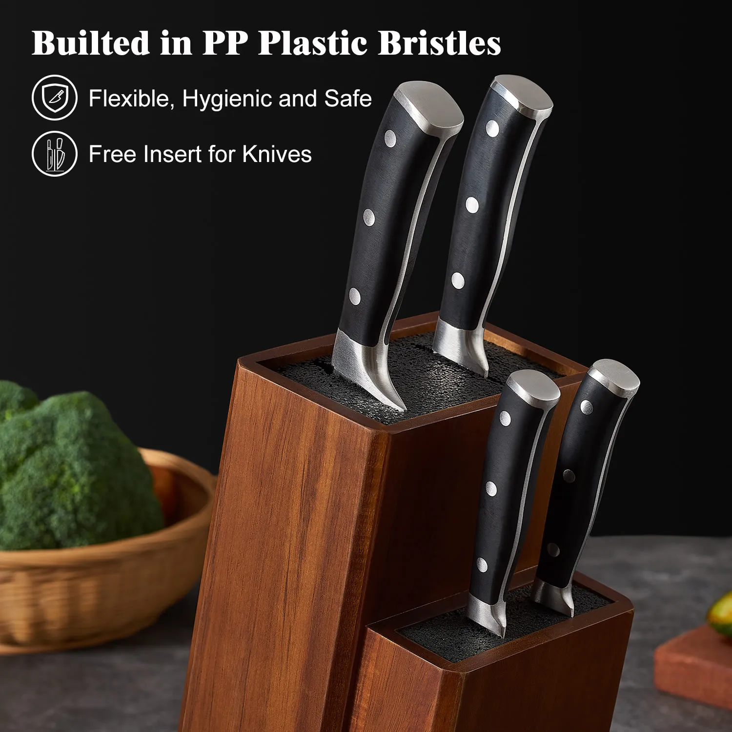 ENOKING Universal Knife Block without Knives, Acacia Wood Knife Holder/Knife Organizer with Removable Plastic Bristles