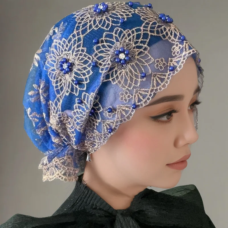 Women Stylish Headscarf Hat Embroidered Beaded Double Layer Lace Hats Underscarf Bonnet Beanies Hair Loss Cover Muslim Hijab Cap