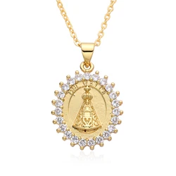 Gold Color Oval Virgen del Valle San Judas Charms Cubic Zirconia Guadalupe Necklace for Women Choker Pendant Diy Jewelry Gift