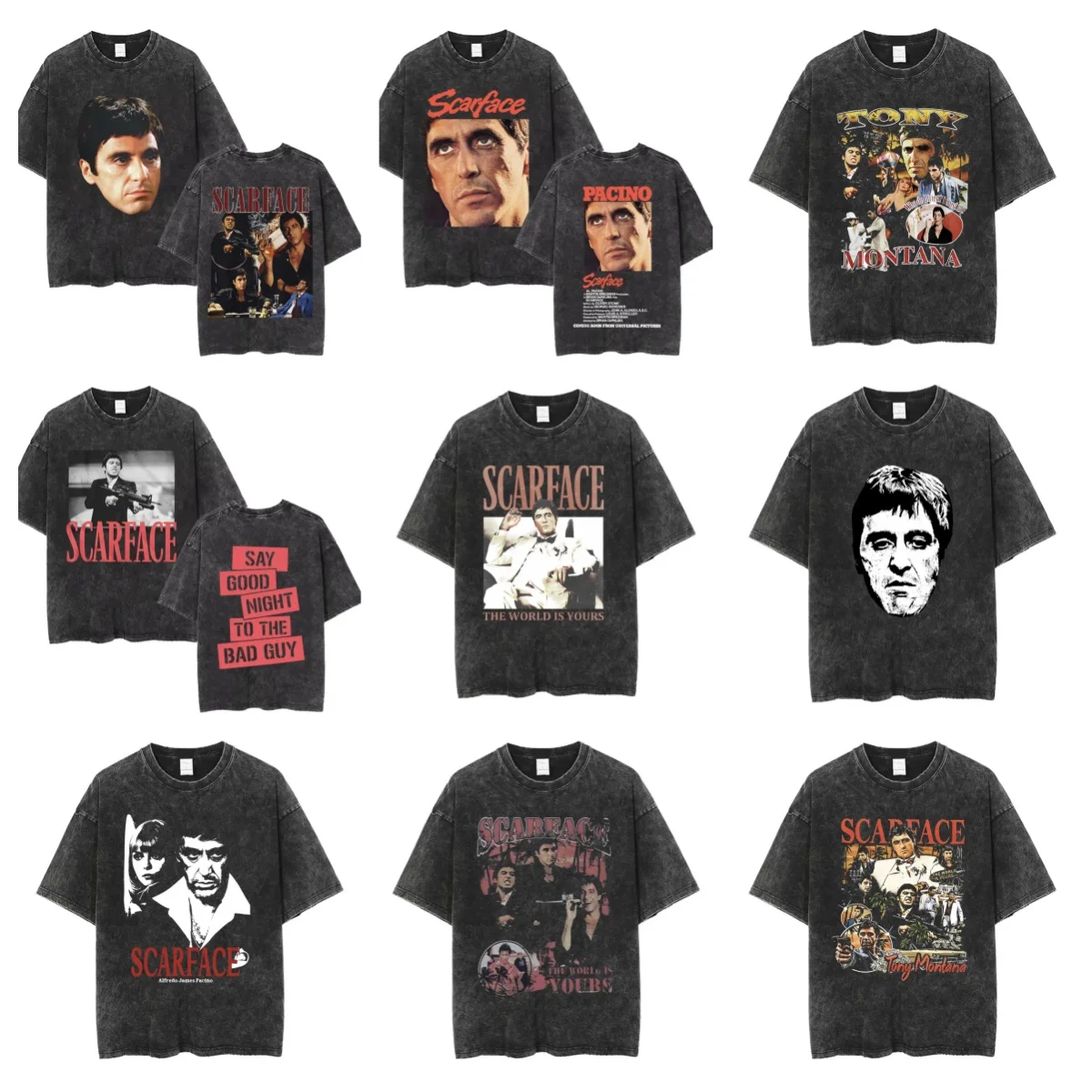 سكارفيس على الوجهين تي شيرت مطبوع توني مونتانا آل باتشينو العصابات تي شيرت رجالي في التسعينيات خمر غسلها تي شيرت #1