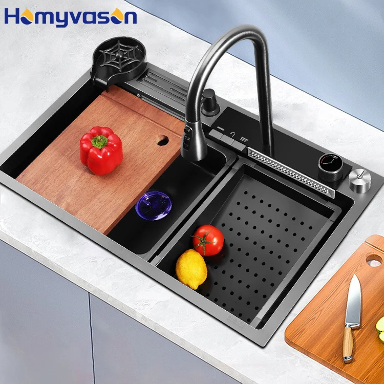 

Modern 304 Stainless Steel Single Bowl Multifunction Sink Led Digital Ss European Nano Black Smart Waterfall Kitchen Sinks