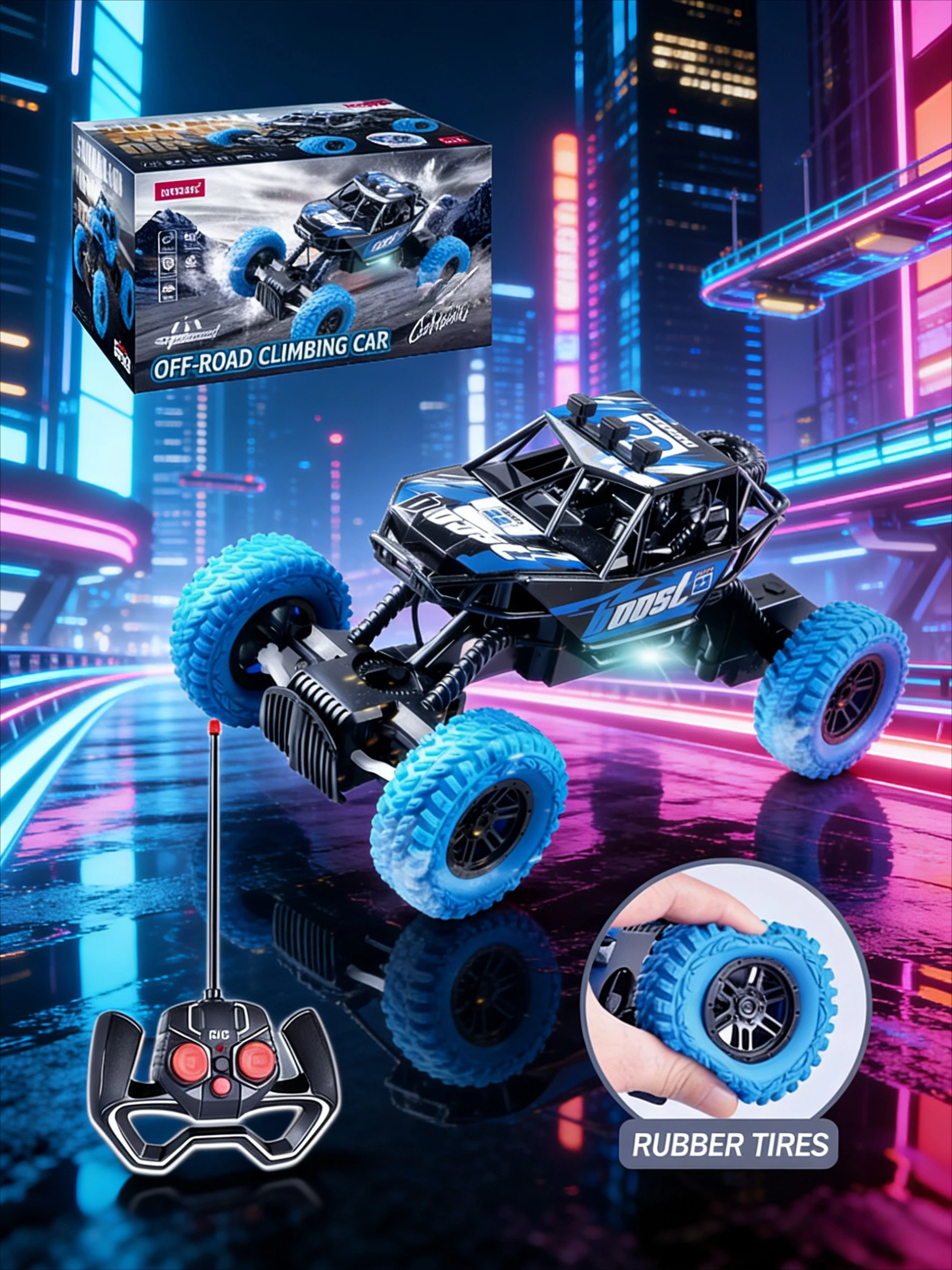 

Remote Control Toy Car: Off-Road Climbing, 27MHz 4-Way, Rubber Wheels, Rechargeable, Flashing Lights
