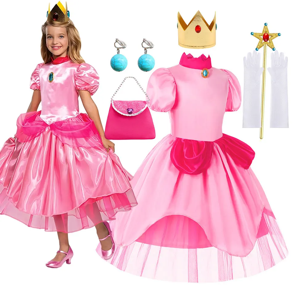 2026 Galaxy Filmheldin Peach Kostüm Outfit Videospiel Prinzessin Rollenspiel Verkleidung Mädchen Klempnerin Abenteuer Inspiriertes Kleid