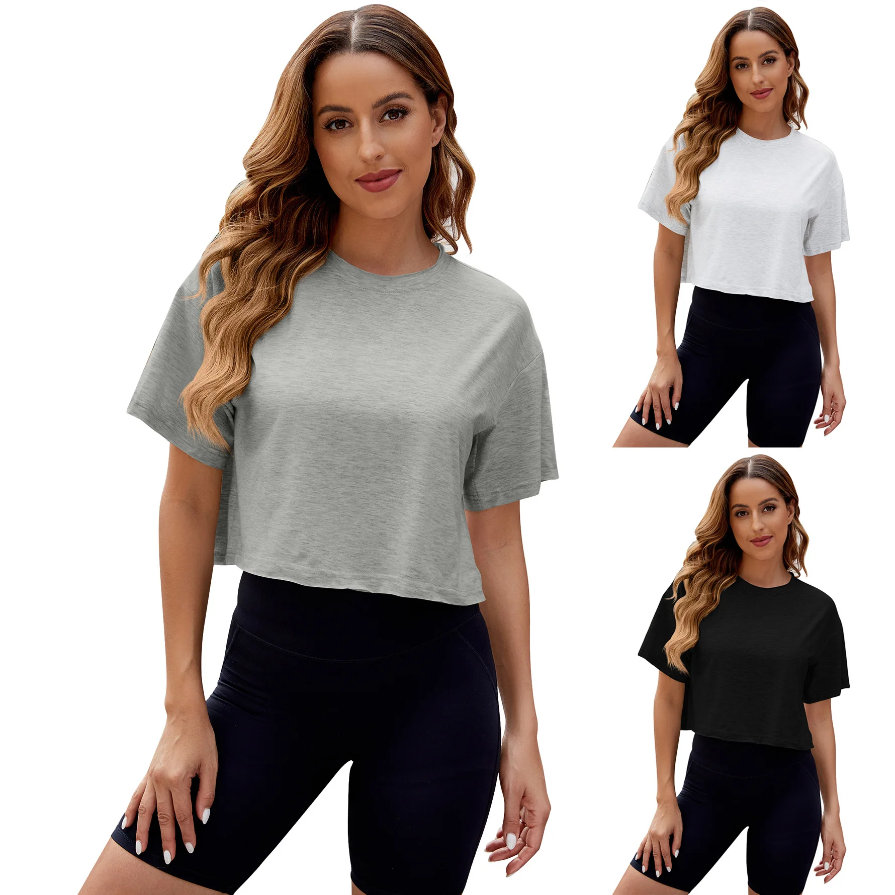 YJKDYK 2024 Summer Women' T-shirt Shoulder Drop Round Neck Oversized Short Crop Top Exposed Navel T-shirt Female Sports T-shirt