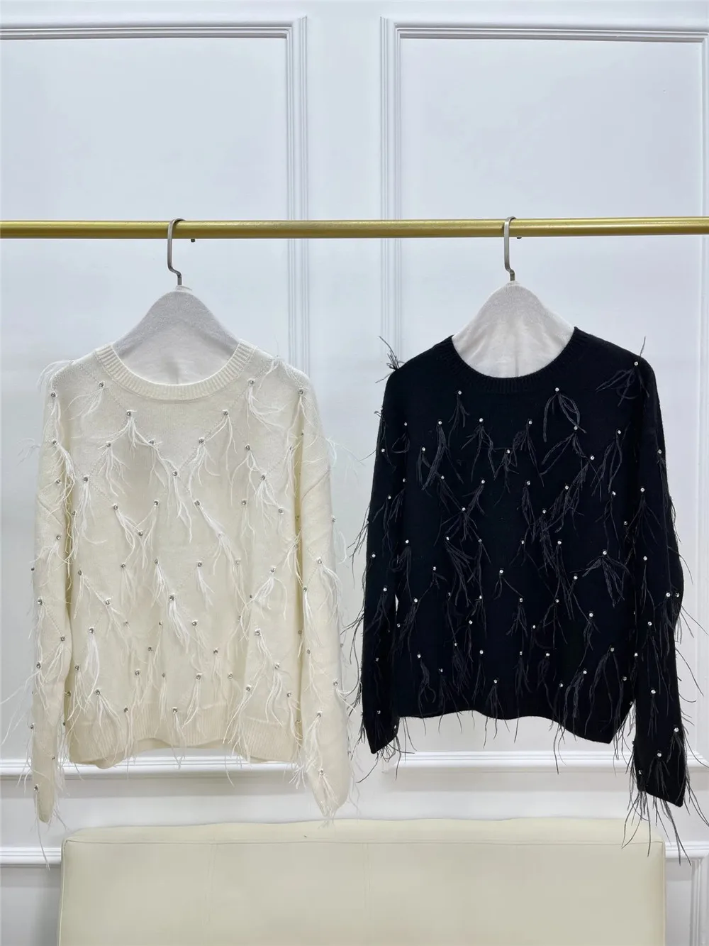 Women's Pullover Sweater Diamond Feather Long Sleeve Knitted Top Autumn and Winter